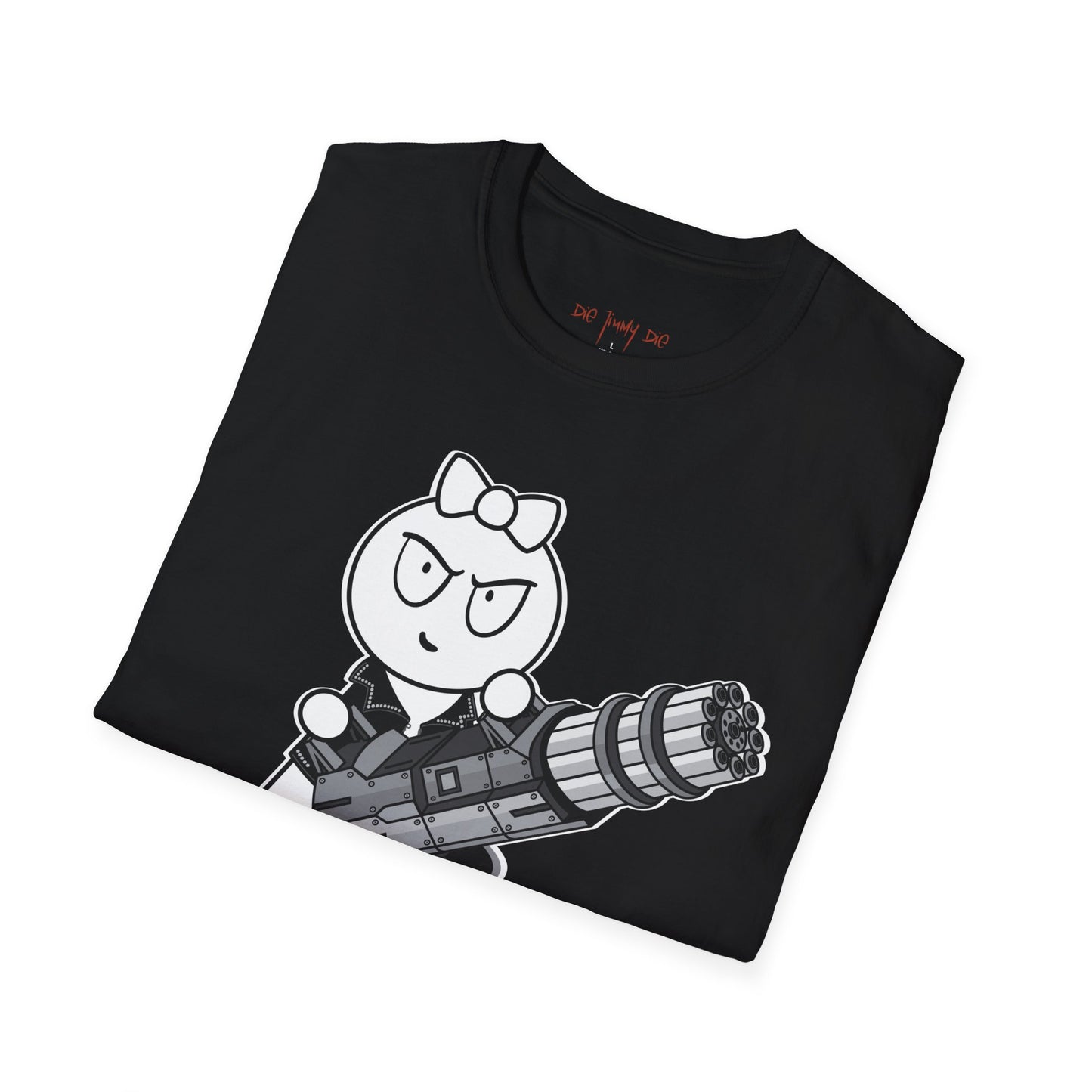 Die Jimmy Die – Frankie Minigun T-Shirt | Dark Humor Comic Graphic Tee, Viral Collector Art Shirt, Gildan 64000 Unisex Tee