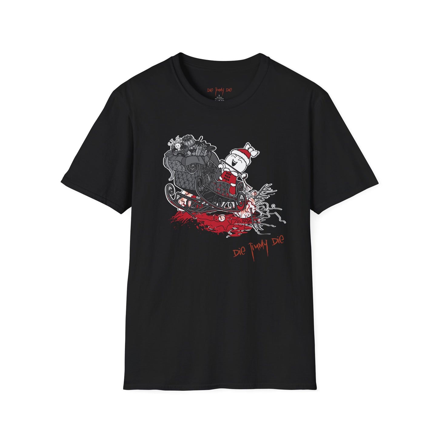 Die Jimmy Die – “The Sleigh Accident” T-Shirt | Holiday Casual Fit | Gildan 64000 Unisex Lightweight Fabric (153 g/m²) T-shirt (white/black) | S-2XL sizes