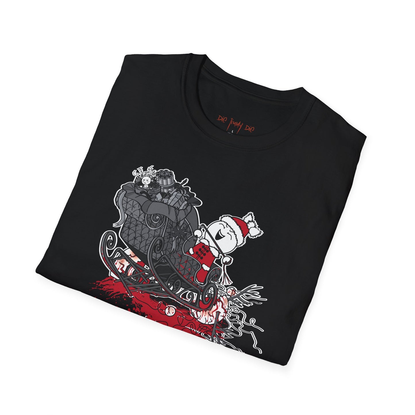 Die Jimmy Die – “The Sleigh Accident” T-Shirt | Holiday Casual Fit | Gildan 64000 Unisex Lightweight Fabric (153 g/m²) T-shirt (white/black) | S-2XL sizes