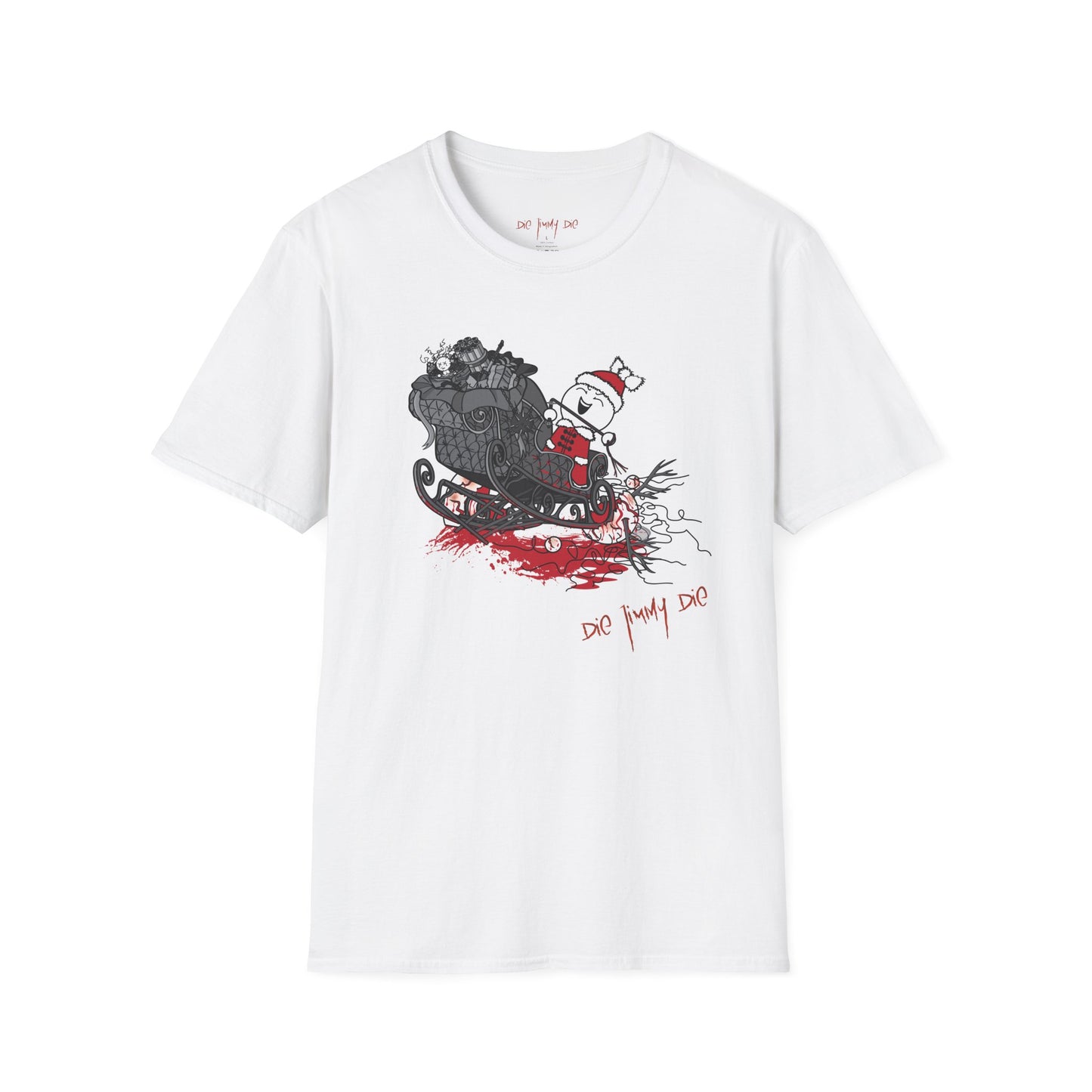 Die Jimmy Die – “The Sleigh Accident” T-Shirt | Holiday Casual Fit | Gildan 64000 Unisex Lightweight Fabric (153 g/m²) T-shirt (white/black) | S-2XL sizes
