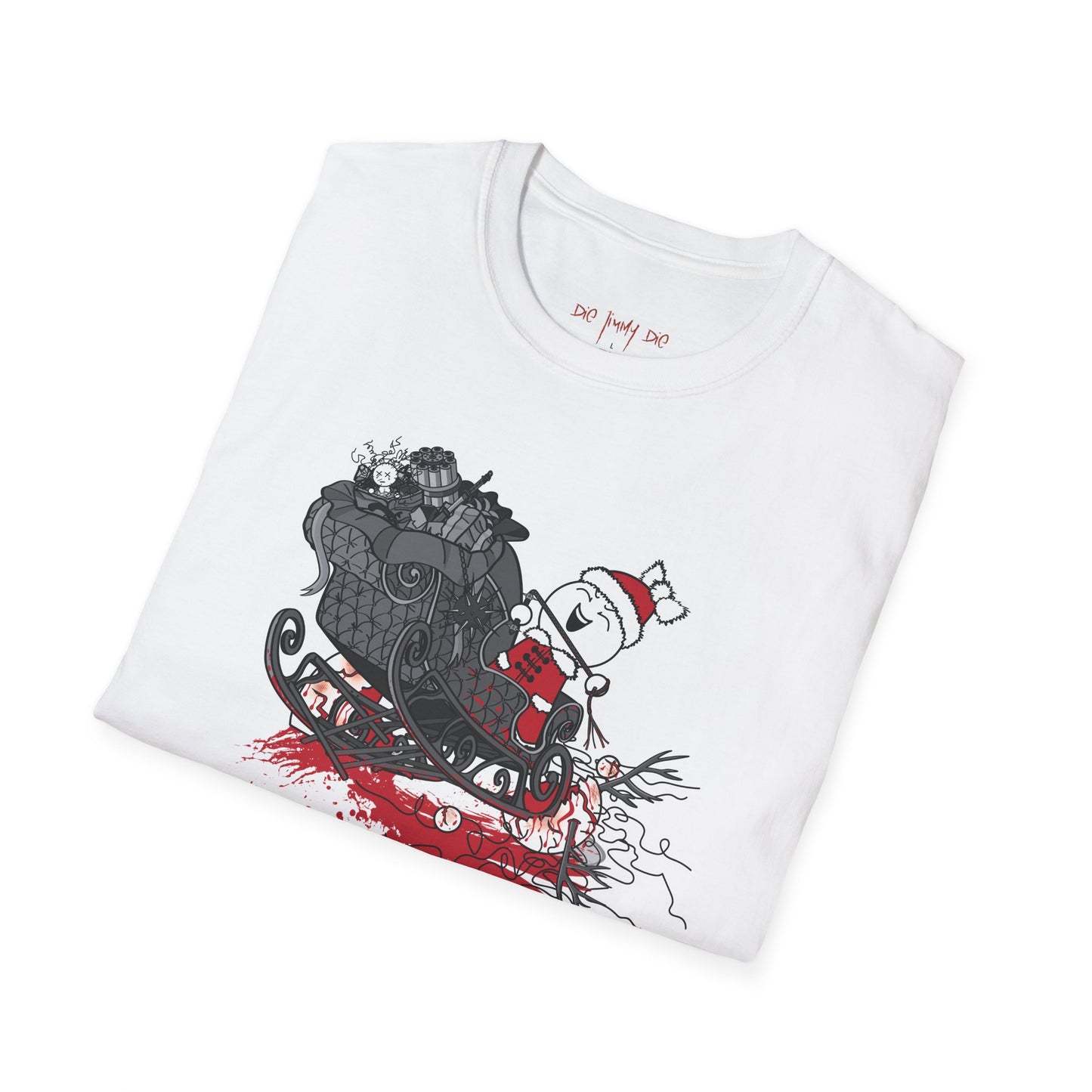 Die Jimmy Die – “The Sleigh Accident” T-Shirt | Holiday Casual Fit | Gildan 64000 Unisex Lightweight Fabric (153 g/m²) T-shirt (white/black) | S-2XL sizes